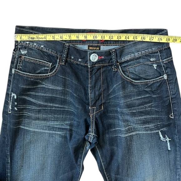 Y2K Laguna Beach Distressed Jeans Dark Blue Flap Pockets Embroidered Skull 38x31 - Picture 7 of 16